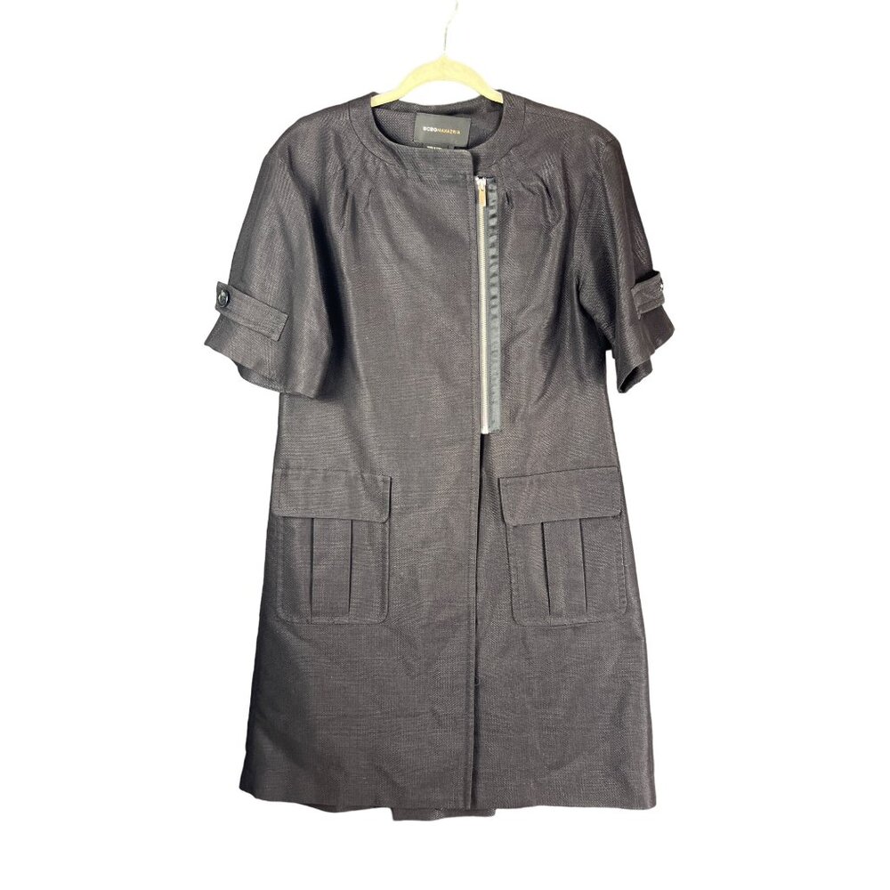bcbg maxazria xs black charcoal side front zip dress coat pleated ruffle